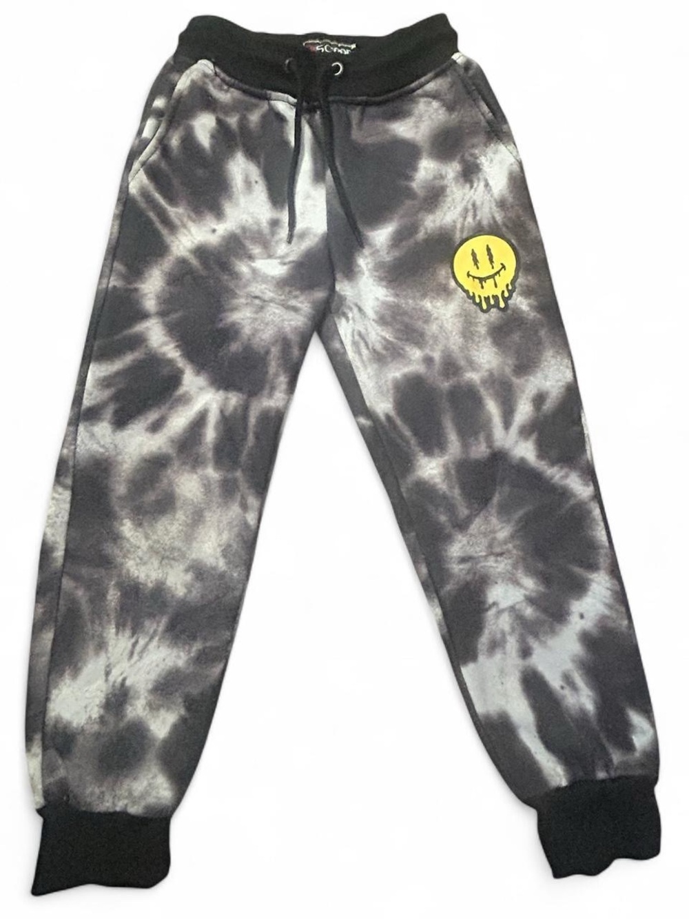 Kids Tie-Dye Black & Gray Jogger Pants with Yellow Drippy Smiley